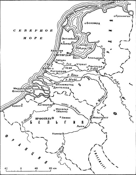 Схематическая карта Бельгии и Голландии XVIII в.